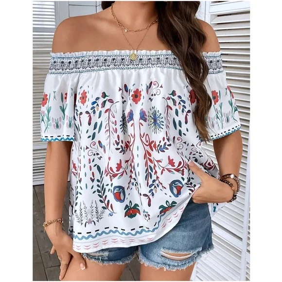 Plus Floral Print Off Shoulder Cottagecore Blouse - Picture 7 of 11